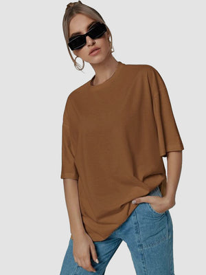 Women Oversized Cotton Solid Round Neck Tshirts