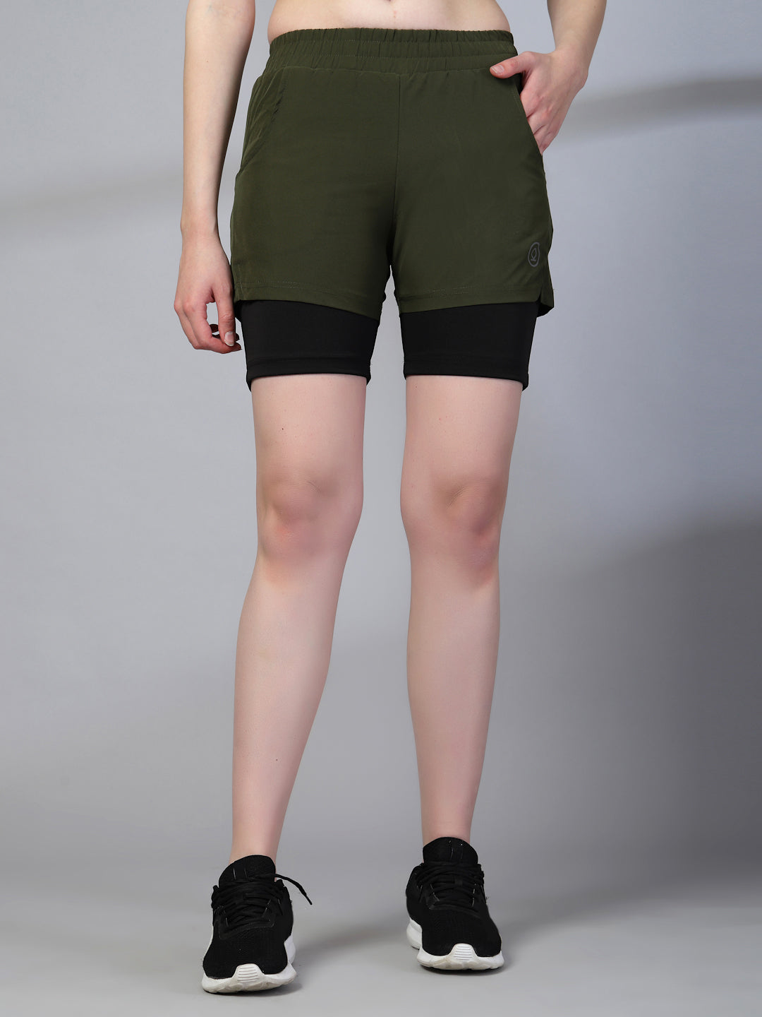 Women's Double Layered Sports Running Shorts Olive Black