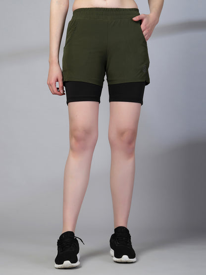 Women's Double Layered Sports Running Shorts Olive Black