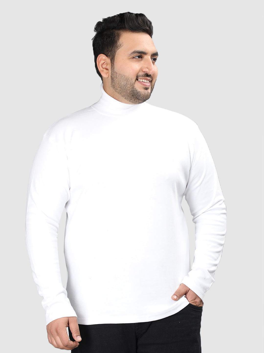 Men White Winter Wear Cotton High Neck Regular Fit T Shirt