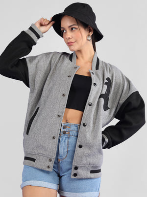 Women Oversized Winter Wear Varsity Jacket with Ribbed Cuffs