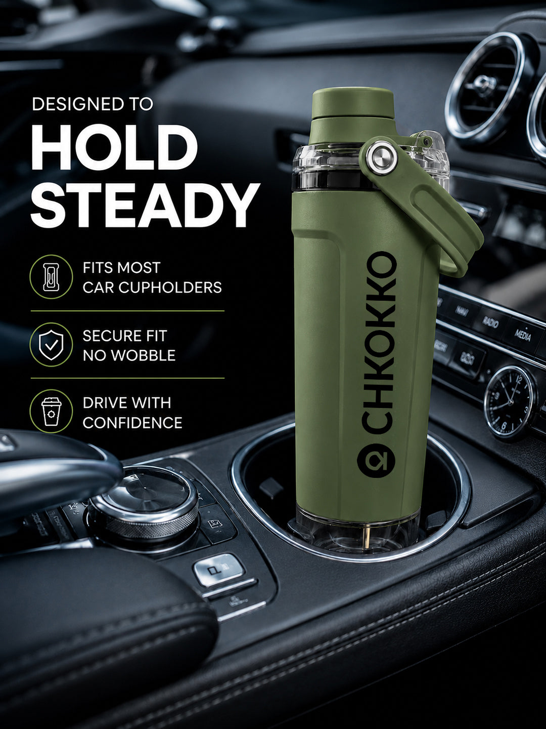 Chkokko Activate Protein Shaker Bottle 600ml with Carry Handle & Leakproof Lid Olive