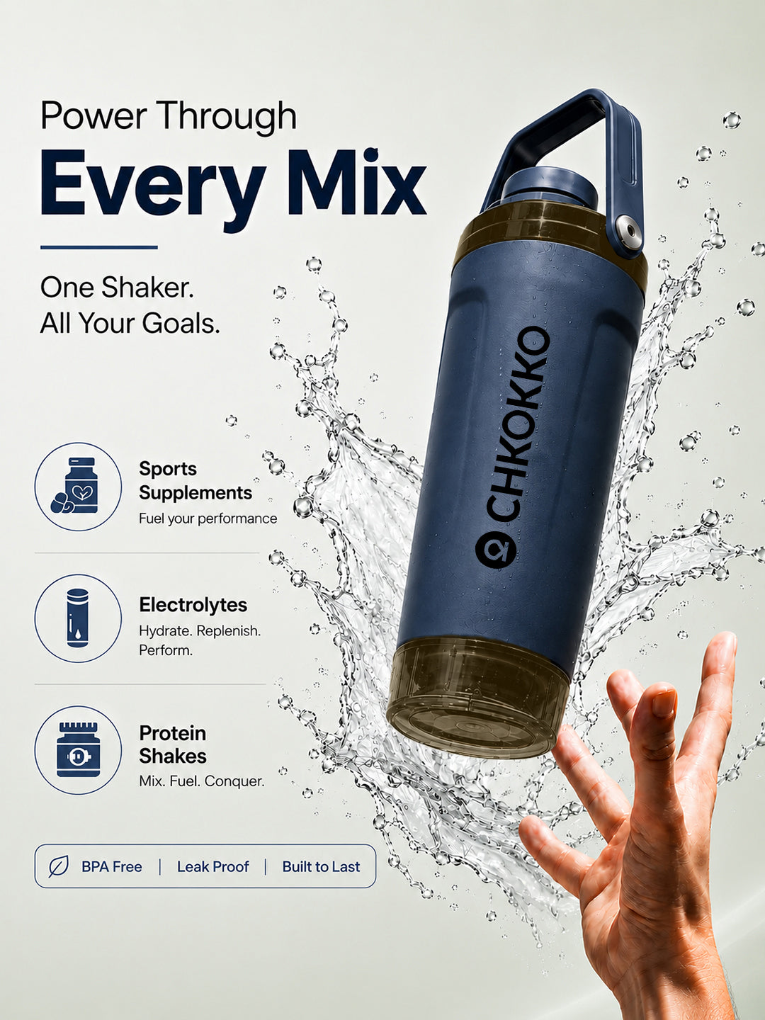 Chkokko Activate Protein Shaker Bottle 600ml with Carry Handle & Leakproof Lid Slate Blue