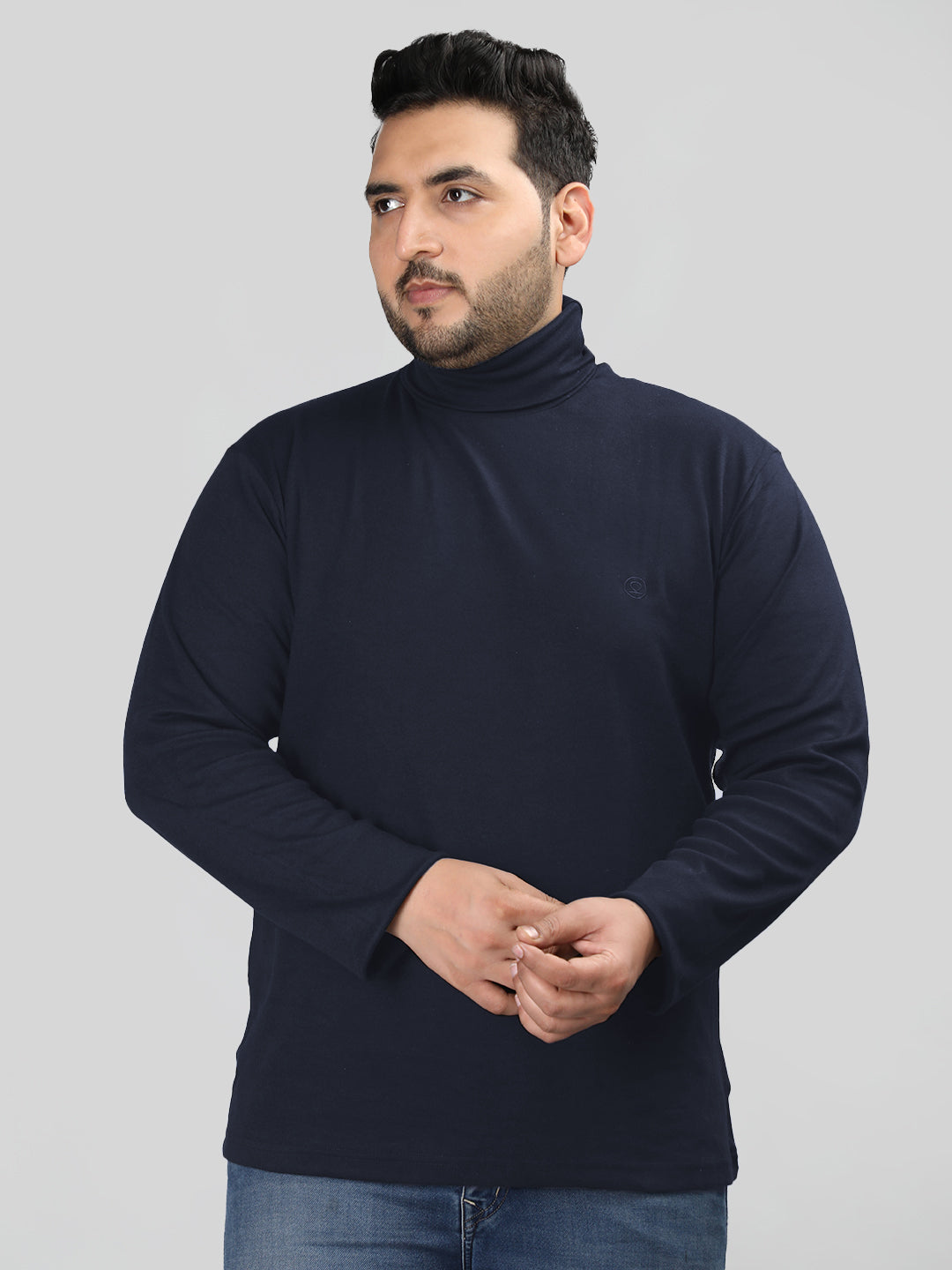 Men Navy Blue Winter Wear Cotton Turtle Neck Regular Fit T Shirt