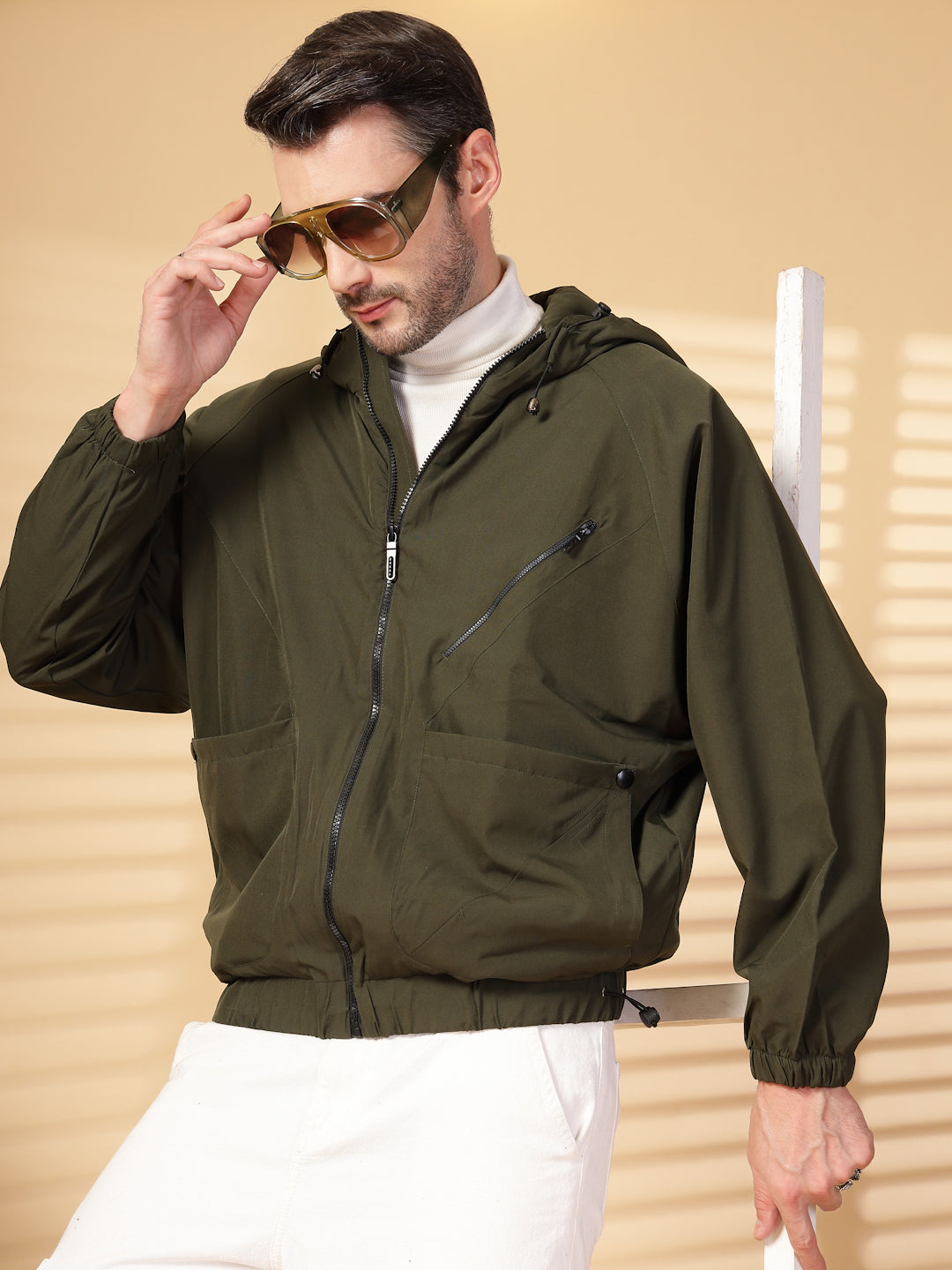 Men Winter Sports Oversized Windcheater Hooded Jacket Olive
