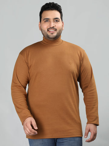 Men Golden Brown Winter Wear Cotton High Neck Regular Fit T Shirt