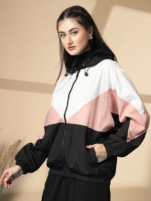 Women Colourblocked Hooded Windcheater Oversized Sports Jacket