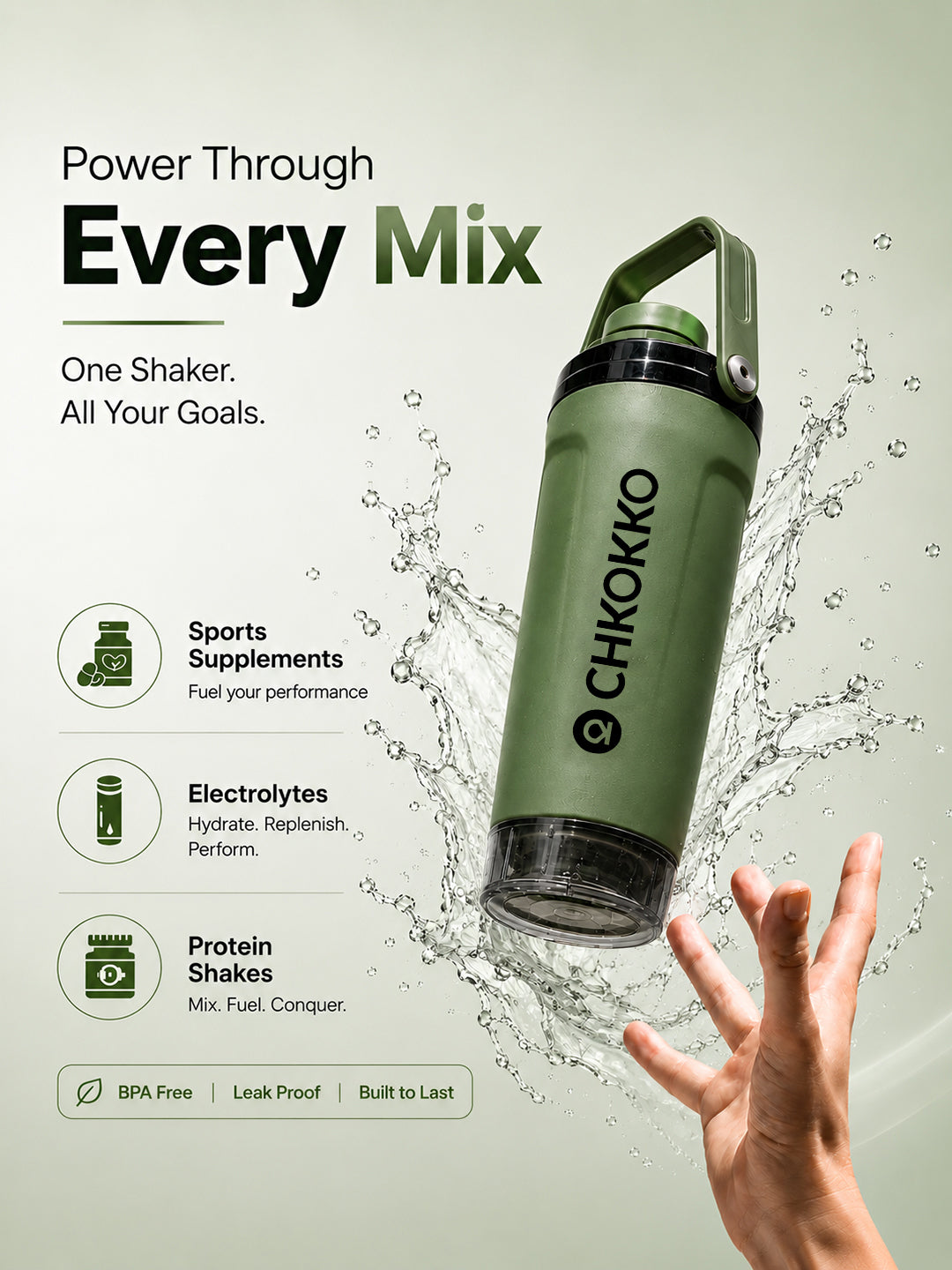 Chkokko Activate Protein Shaker Bottle 600ml with Carry Handle & Leakproof Lid Olive