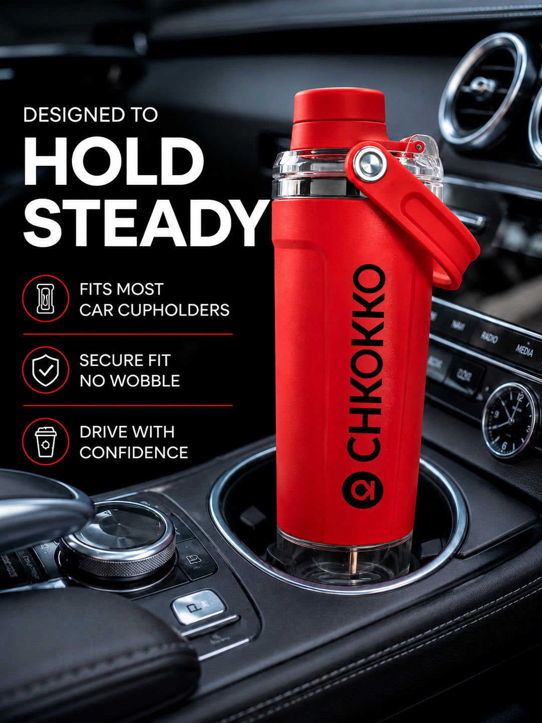 Chkokko Activate Protein Shaker Bottle 600ml with Carry Handle & Leakproof Lid Red