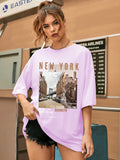 Women Oversized Round Neck Drop Shoulder Printed Cotton T-Shirt