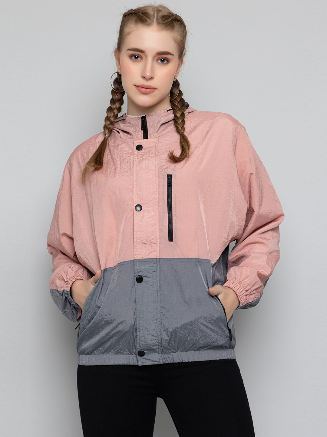 Women Colourblocked Hooded Windcheater Oversized Sports Jacket