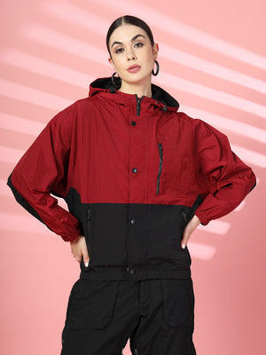 Women Colourblocked Hooded Windcheater Oversized Sports Jacket