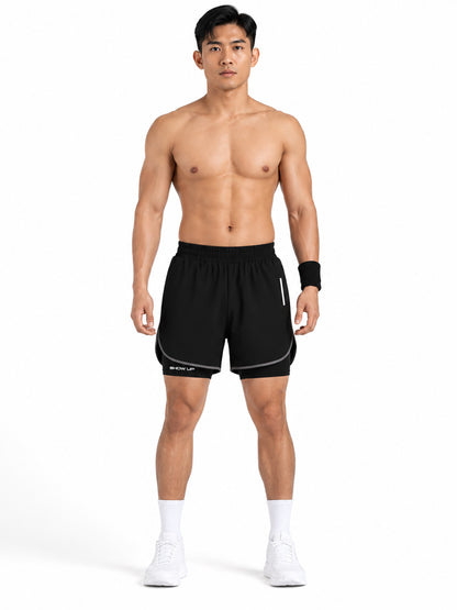 Men Double Layered Sports Running Shorts Black Grey