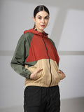 Women Colourblocked Hooded Windcheater Oversized Sports Jacket