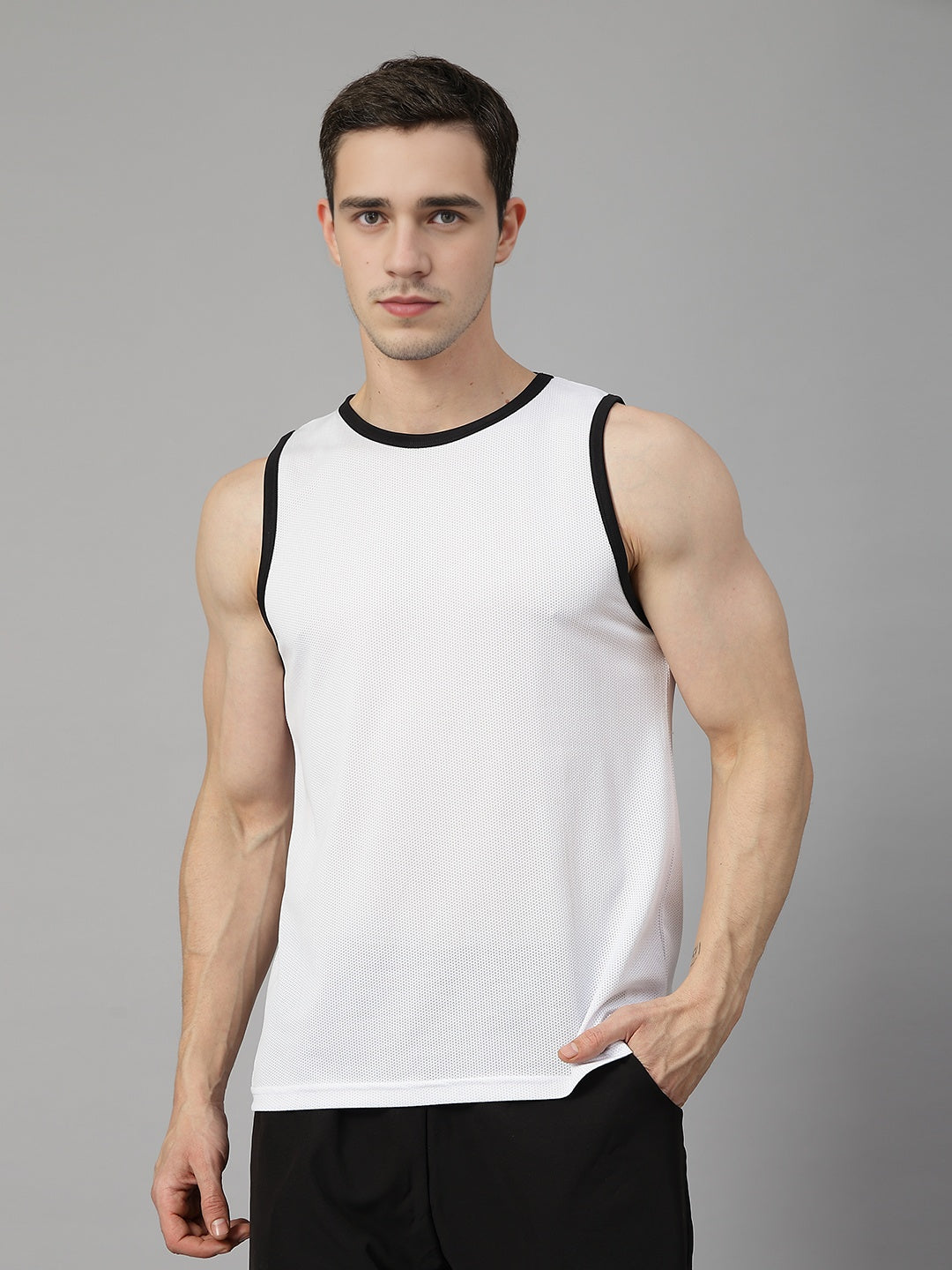 Men White Black Gym Sleeveless Sports Tanktop