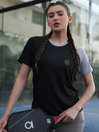 Women's Half Sleeves Sports Gym T-shirt Grey Black