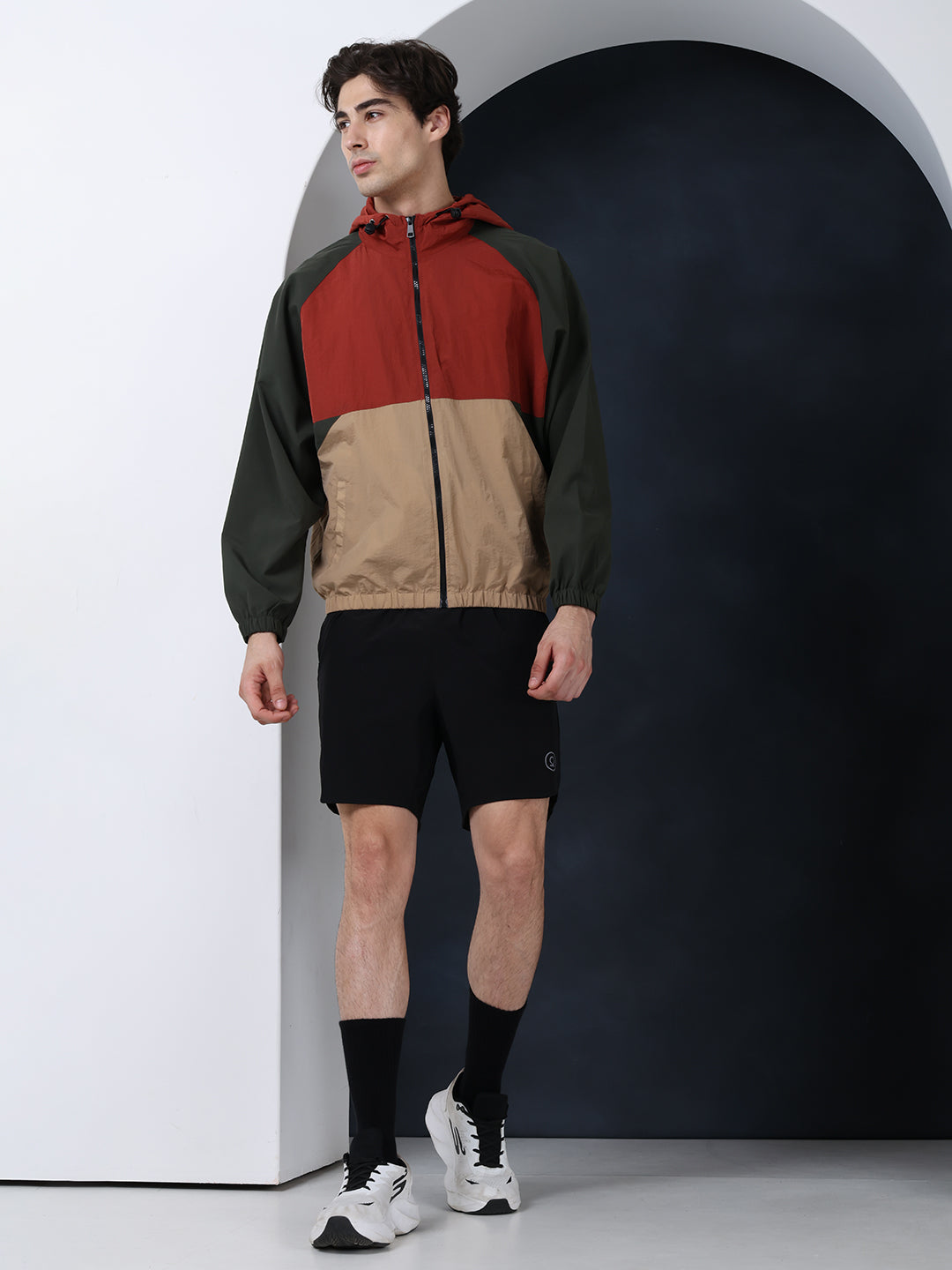 Men Rust Beige Olive Hooded Windcheater Oversized Sports Jacket