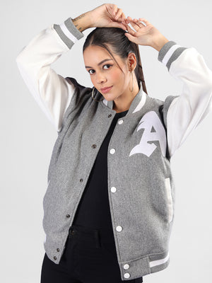 Women Oversized Winter Wear Varsity Jacket with Ribbed Cuffs