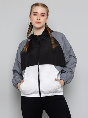 Women Colourblocked Hooded Windcheater Oversized Sports Jacket