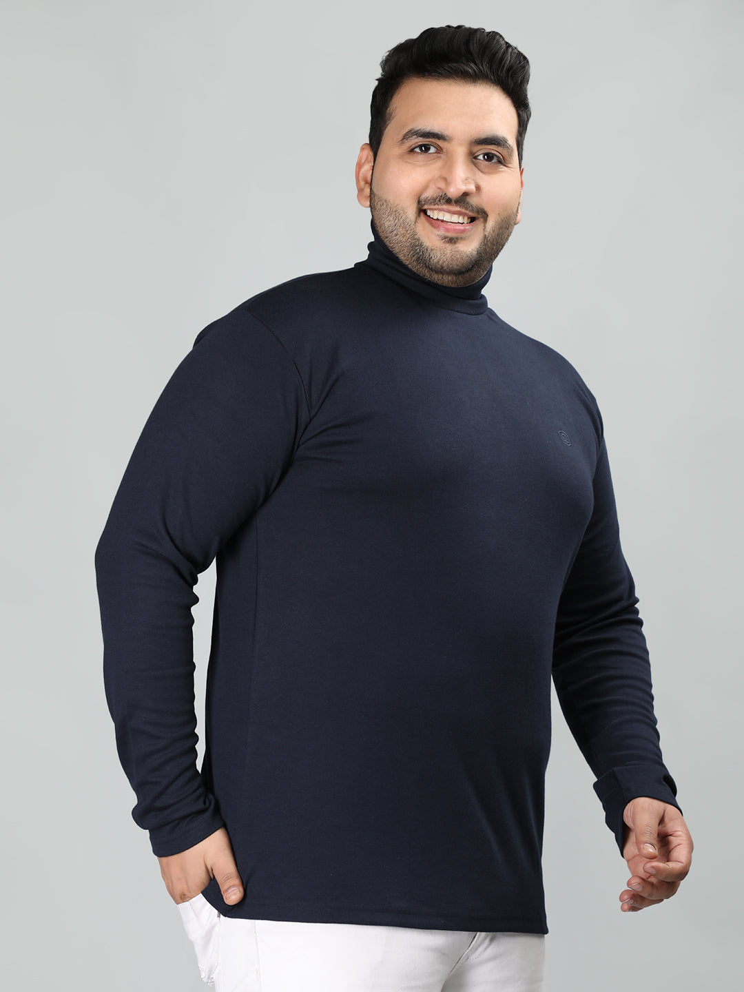 Men Navy Blue Winter Wear Cotton High Neck Regular Fit T Shirt