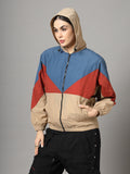 Women Colourblocked Hooded Windcheater Oversized Sports Jacket