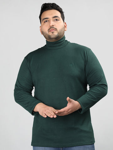 Men Bottle Green Winter Wear Cotton High Neck Regular Fit T Shirt