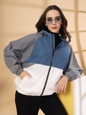 Women Colourblocked Hooded Windcheater Oversized Sports Jacket