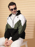 Men Colourblocked Hooded Windcheater Oversized Sports Jacket