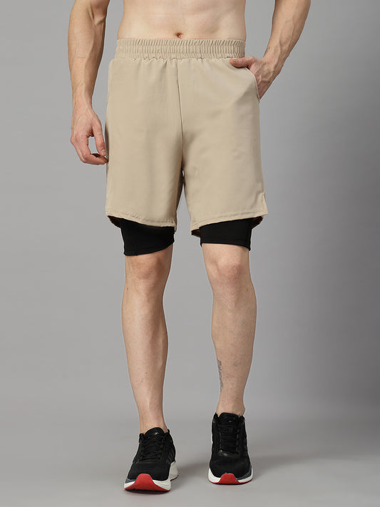 Men Running Sports Double Layered Shorts With Pocket Beige