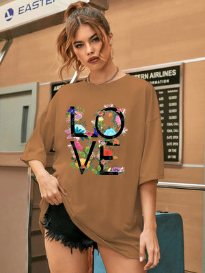 Women Oversized Round Neck Drop Shoulder Printed Cotton T-Shirt