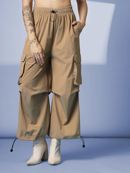 Women's Camel Mid Waist Baggy Cargo Parachute Pants
