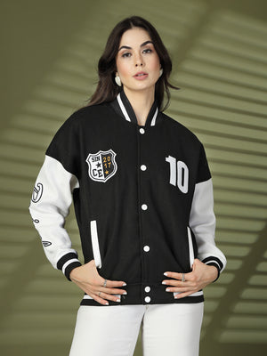 Women Oversized Winter Wear Varsity Jacket with Ribbed Cuffs