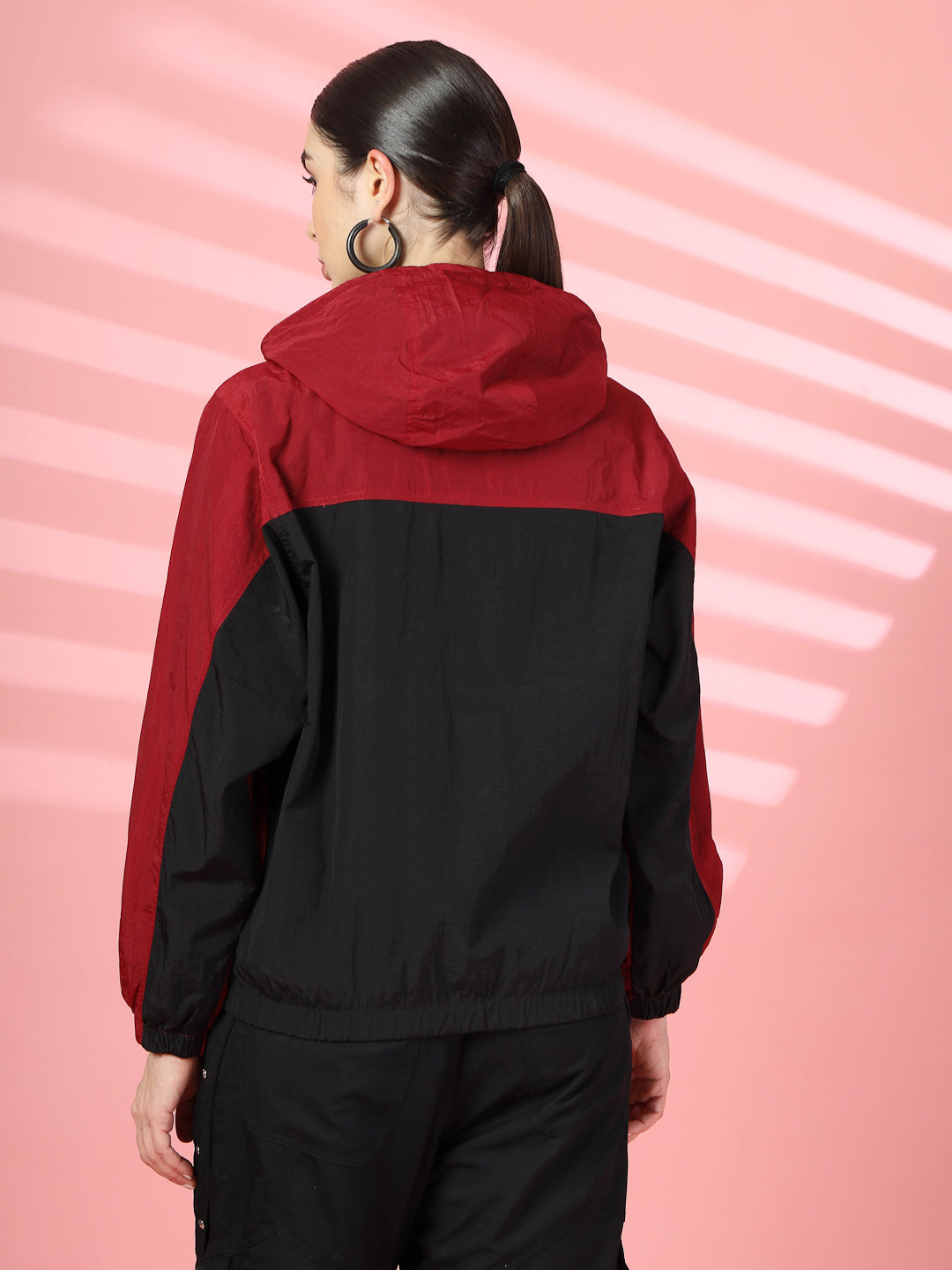 Women Colourblocked Hooded Windcheater Oversized Sports Jacket