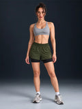 Women's Double Layered Sports Running Shorts Olive Black