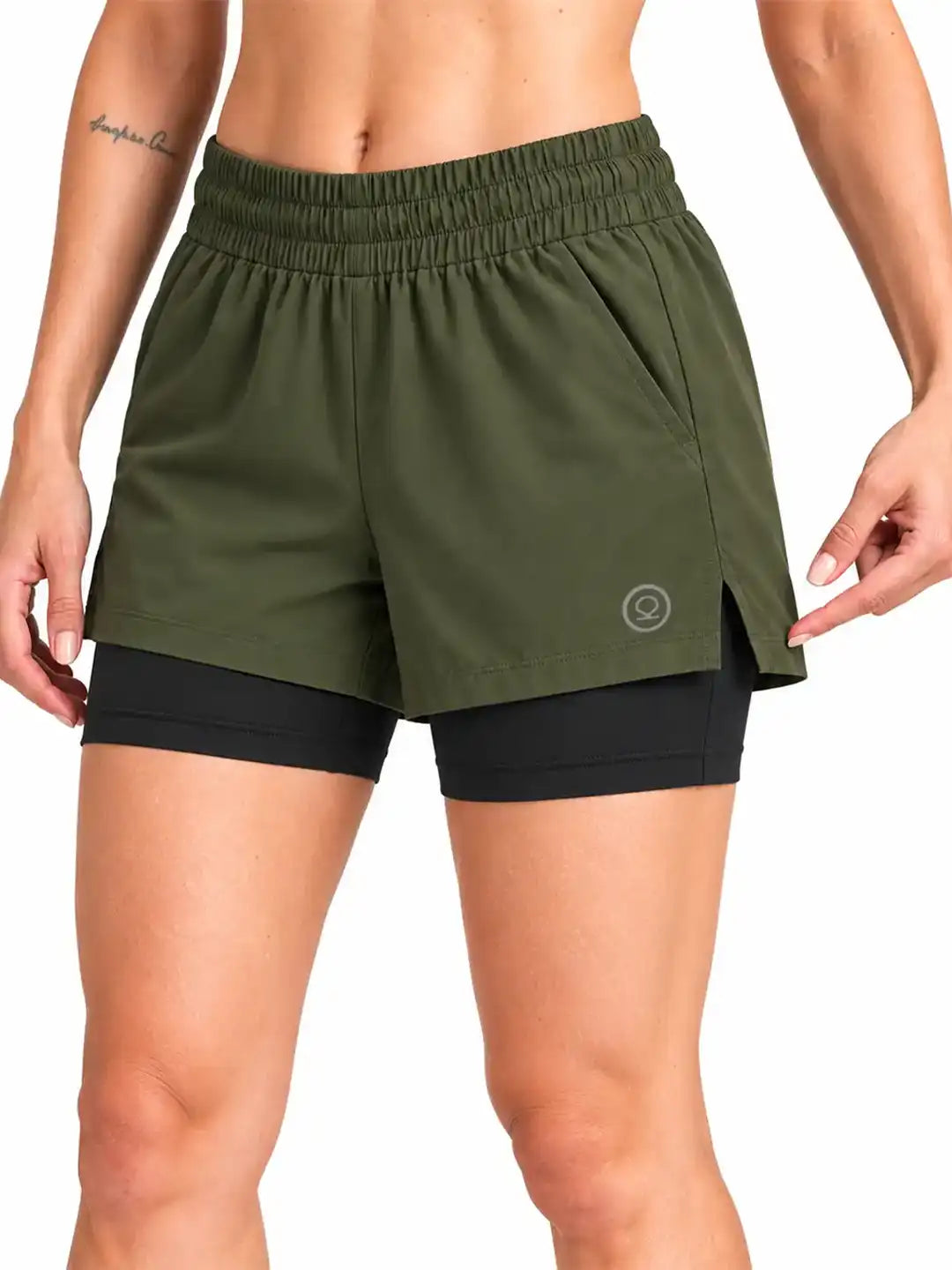 Women's Double Layered Sports Running Shorts Olive Black