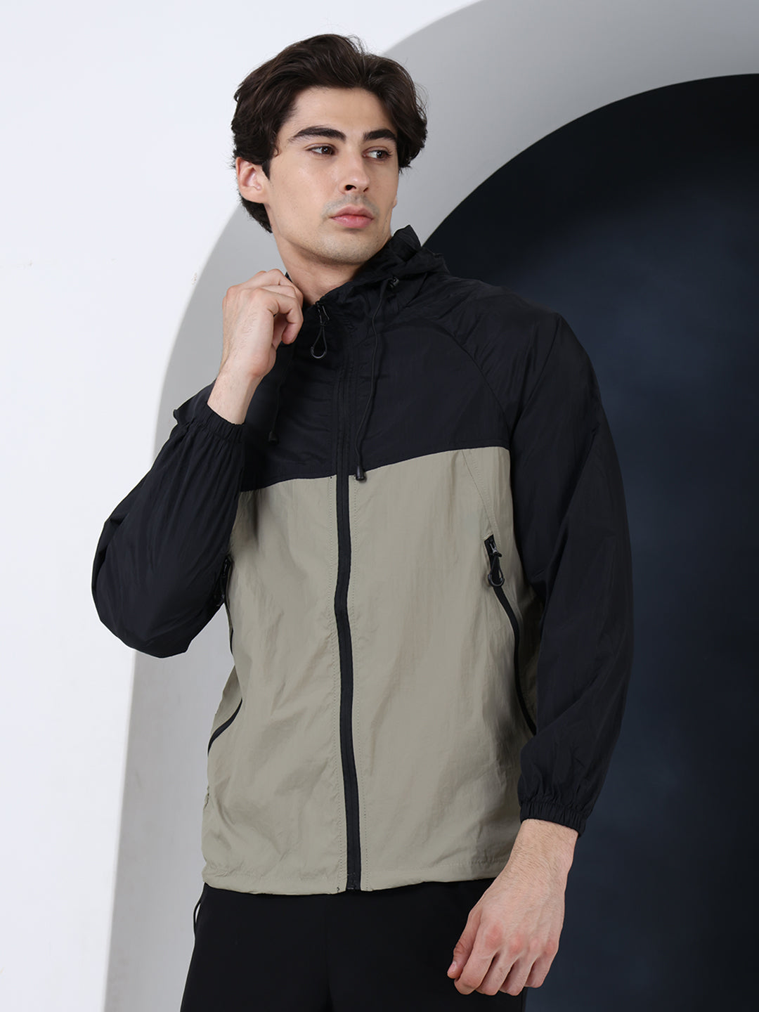 Men’s Black Green Lightweight Hooded Windcheater Jacket