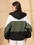 Women Colourblocked Hooded Windcheater Oversized Sports Jacket