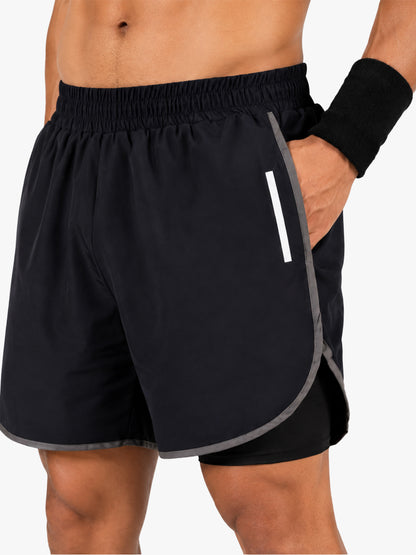 Men Double Layered Sports Running Shorts Navy Gray