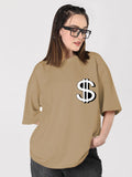 Women Oversized Round Neck Drop Shoulder Printed Cotton T-Shirt