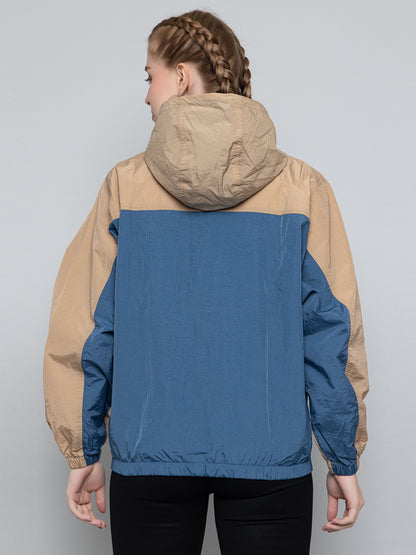 Women Colourblocked Hooded Windcheater Oversized Sports Jacket