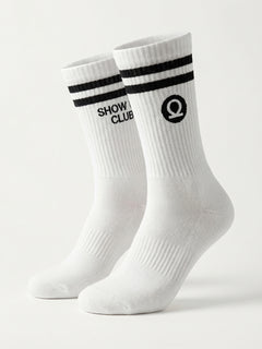 CHKOKKO Show Up Club Crew Socks – White with Black Stripes