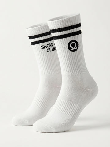 CHKOKKO Show Up Club Crew Socks – White with Black Stripes