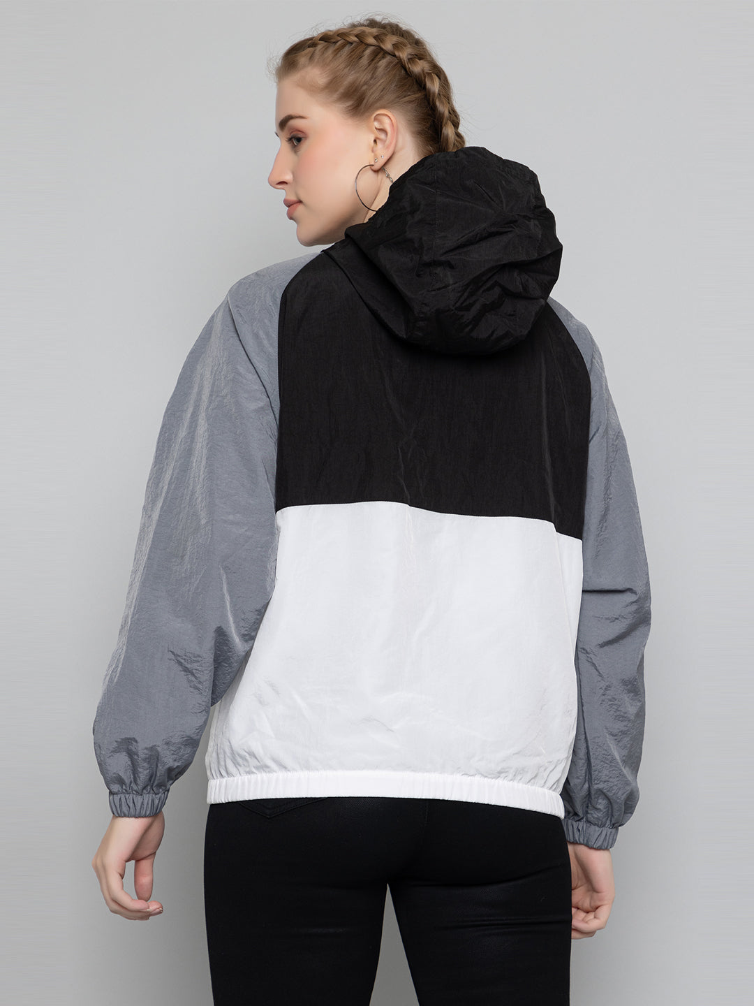 Women Colourblocked Hooded Windcheater Oversized Sports Jacket