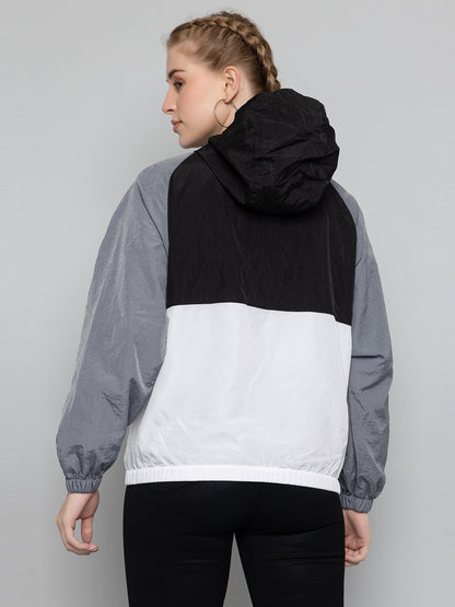 Women Colourblocked Hooded Windcheater Oversized Sports Jacket