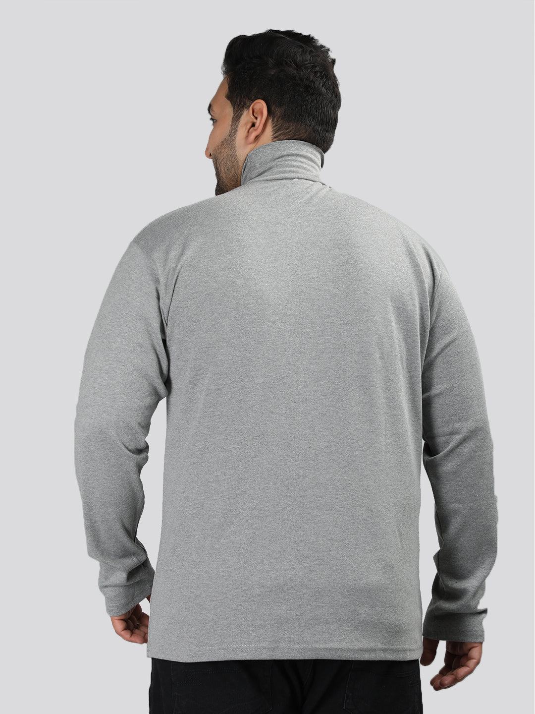 Men Light Grey Winter Wear Cotton High Neck Regular Fit T Shirt