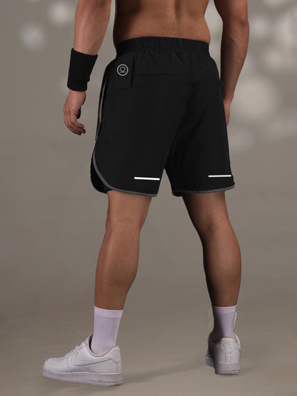 Men Double Layered Sports Running Shorts Black