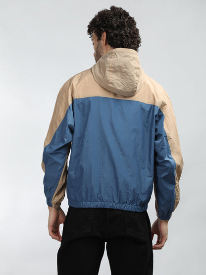 Men Colourblocked Hooded Windcheater Oversized Sports Jacket