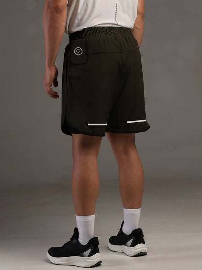 Men Double Layered Sports Running Shorts Olive Black