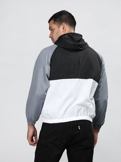 Men Black White Hooded Windcheater Oversized Sports Jacket