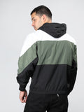 Men Colourblocked Hooded Windcheater Oversized Sports Jacket